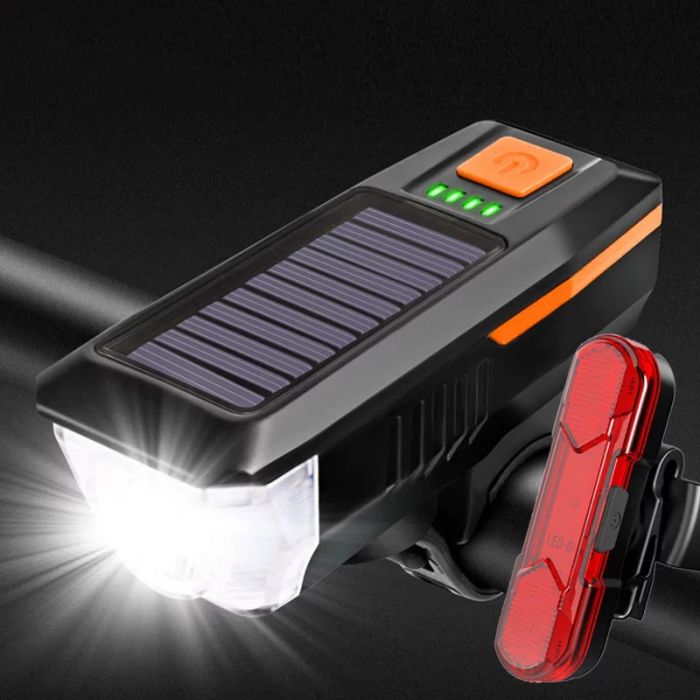 Solar Fahrradlicht wasserdichtes Frontlicht mit Hupe USB wiederaufladbare  Sicherheitswarnung Fahrrad Rücklicht